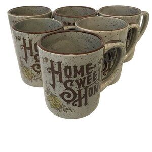 VINTAGE Japan Stoneware Home Sweet Home Mugs Set of 6 + Adjustable Rack NOS